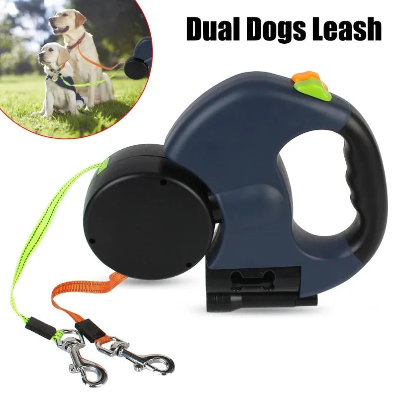 Double Dog Leash for walking 2 Dogs. Light Retractable Rotating Portable Roulette.
