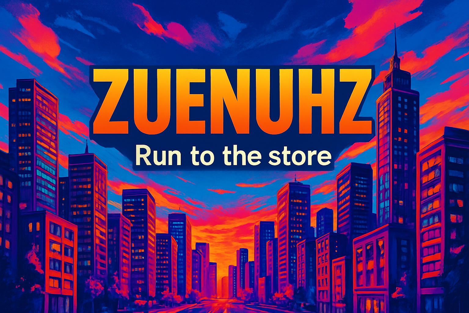 a city back ground with vivid colors with ZUENUHZ as the heading and Run to the store as a sub heading.