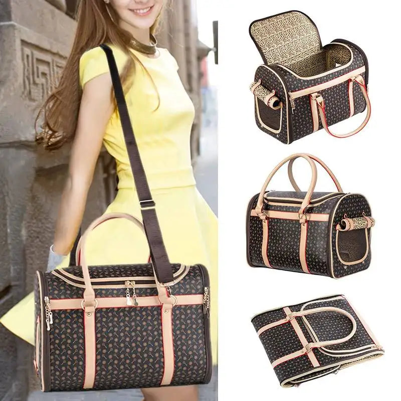 Luxury Folding Leopard Print Dog Sling Bag - Fashionable Outdoor Pet Carrier for Small to Medium Puppies and Cats