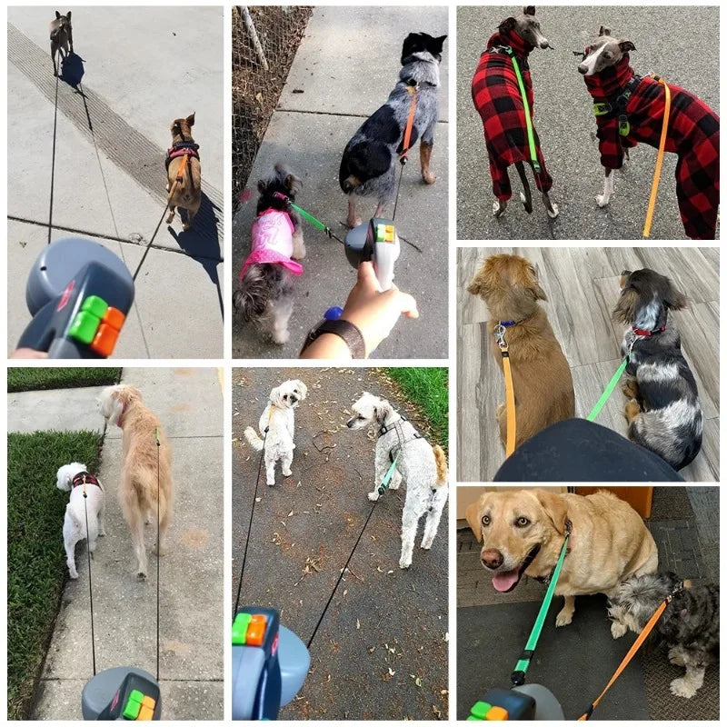 Double Dog Leash for walking 2 Dogs. Light Retractable Rotating Portable Roulette.