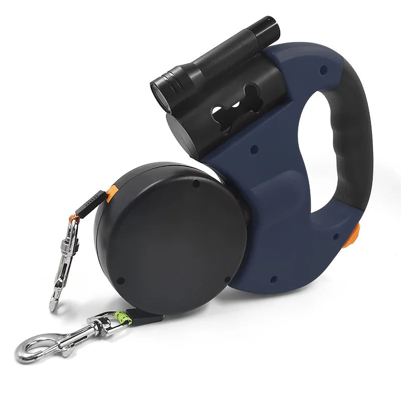 Double Dog Leash for walking 2 Dogs. Light Retractable Rotating Portable Roulette.