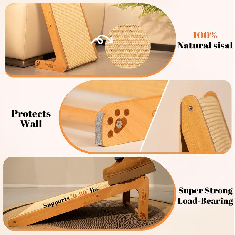 Sisal Cat Scratcher Pad Ramp! 24.8" L Shape Scratching Post! Great For Climbing Vertical! Wear-Resistant! Solid Wooden for Indoor Cats! 