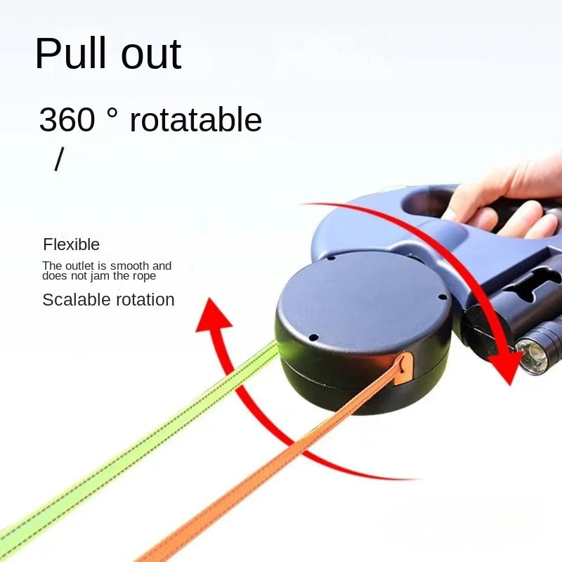 Double Dog Leash for walking 2 Dogs. Light Retractable Rotating Portable Roulette.