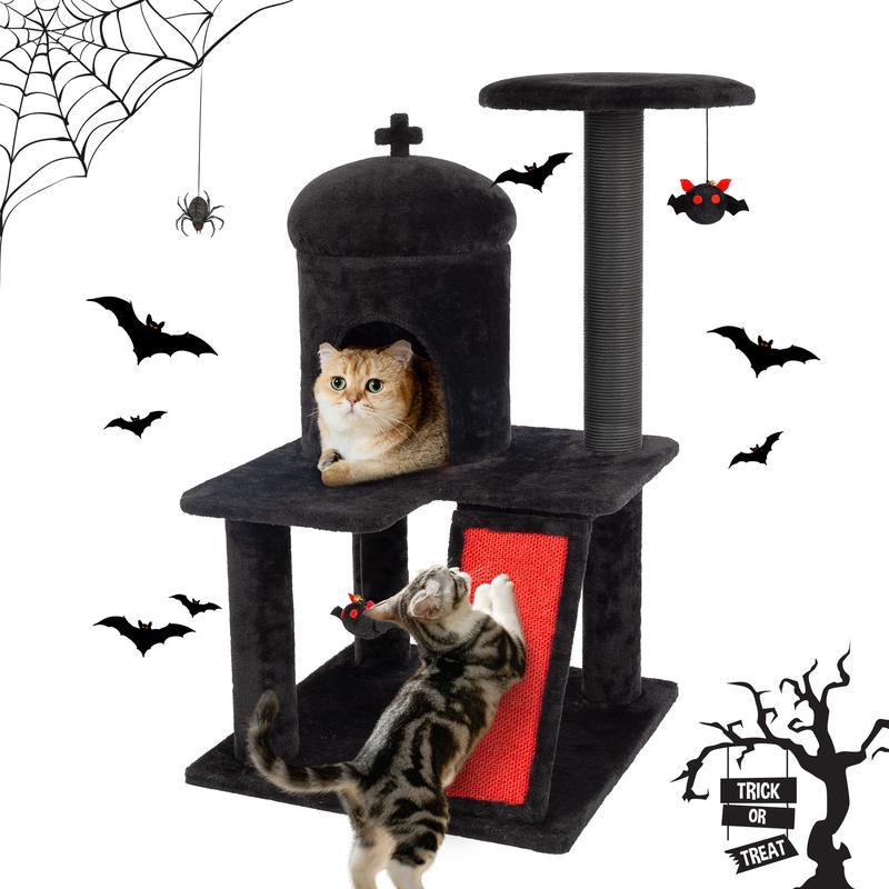 Petlife Halloween Cat Tree! Pumpkin & Ghost Design! Cozy Beds & Multi-Level Platforms! Scratching Posts & Hanging Toys!