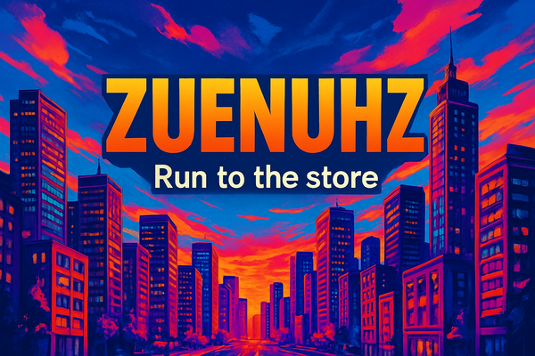 a city back ground with vivid colors with ZUENUHZ as the heading and Run to the store as a sub heading.