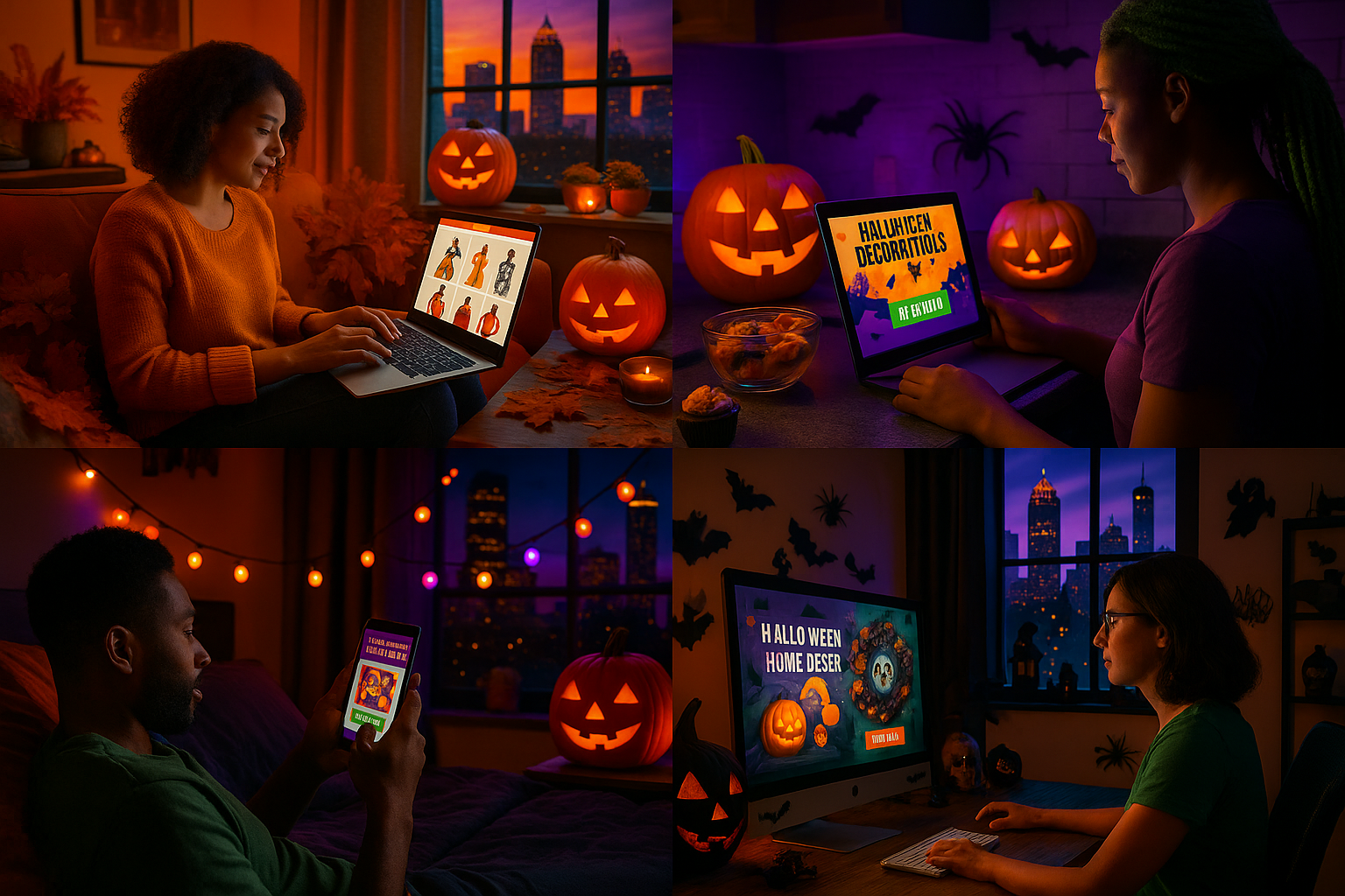 collage of four sections showing four different ways people shop from home in peoples town Atlanta GA during halloween season holding electronic devices online shopping. vivid halloween colors